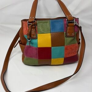 Fossil Patchwork Leather Satchel Crossbody Bag Multicolor Square Patchwork